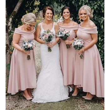 2019 Põsepuna Pink-Line Pruutneitsi Kleidid Maha Õla Satiinist Kõrge Madal Pahkluu Pikkus Aafrika Pulm Külaline Neiu Au Hommikumantlid