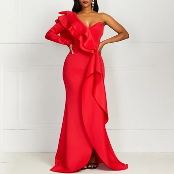 2021 Suvel Naiste Pikad Kleidid Ühe Õla BodyconAfrican Stiilis Elegantne Seksikas Pidu Split Naine Ruffles Maxi Punane Kleit Tanssiaiset