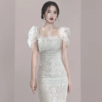 2021 Uus Mood Naiste Suvine Kleit Korea Stiilne Puhvis Varrukad Elegantne Pits Õõnes Välja Kleit Daamid Square Krae Slim Riided