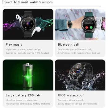 A10 Smart Watch Mees Muusika Muusika Kontrolli Smartwatch Bluetooth Kõne Sport Täielik puuteekraan, mis IP68 Veekindel 260 mah Aku