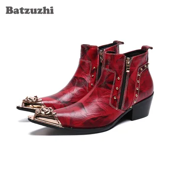 Batzuzhi naturaalsest Nahast poolsaapad Meestele Briti Stiilis Meeste Kingad, Pikad Metall Varvas Punane Pidu ja Pulm Boot Meeste Retro, US6-12