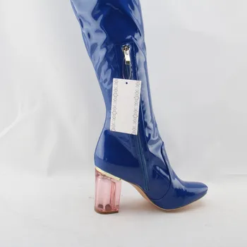 Chaussures Femme Fashion Sinine Lakknahast Naiste Üle Põlve, Reie Kõrge Kontsaga Saapad Daamid Vihma Saapad