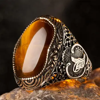 Hõbe Ottomani Tughra Mens Sõrmus Pruun Tigereye Stonework Mood türgi Premium Kvaliteediga Käsitööna Jawelery