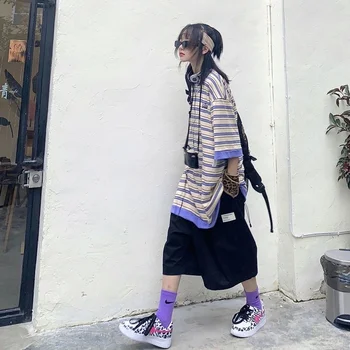 Jaapan suvel uus triibuline õmblemine lühikeste varrukatega T-särk liiga mehed naised high street lähis varrukatega paar hip-hop preppy top