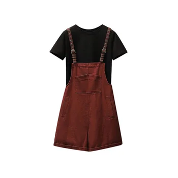 Kahe-Osaline Komplekt, Naiste Vabaaja O-Kaelus T-Särk& Punane Teksariidest Suspender Lühikesed Püksid Mood 2021 Summer Set Lihtsus Pluss Suurus Streetwear