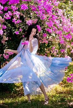LYNETTE ON CHINOISERIE Suvel Originaalne Disain Naiste Sinine Võrgusilma Pikk Kampsun, Kleidid
