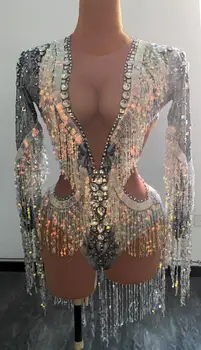 Mood Hõbe Rhinestone Peep Varba Kingad Tutt Pool Bodysuit Naiste Sexy Crystal Narmad Kombekas Klubi Tantsija Leotard Show Lava Komplekt