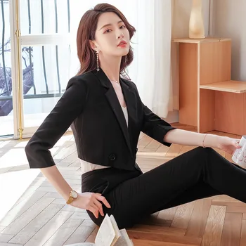Naiste Oranž Valge Sinine Must Püksid Sobivad Naiste korea Büroo Sobib Lühike Bleiser koos Püksid 2 Töö Komplekti Jakk ja Püksid