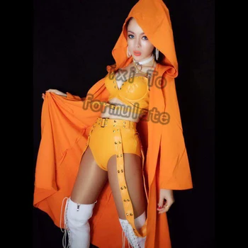 Oranž seksikas ja ilus PU materjalist ülikond + varjatud, ööklubi laulja,tantsija, kostüüm.