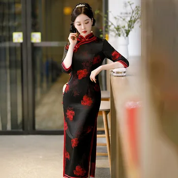 Traditsiooniline Naised Seitse Punkti Varrukal Tikand Satiin Qipao Oriental Vintage Pikk Cheongsam Hiina Ametliku Kleit Liiga 4XL