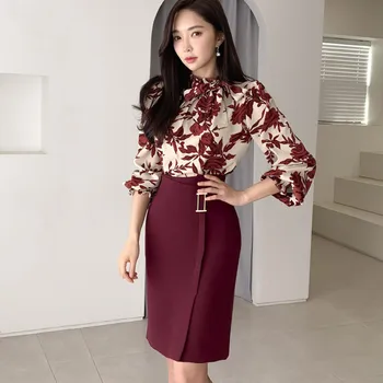 Uus, 2 Tk Komplekt Naiste Suvel Prindi Särgid, Pluusid Ja Kõrge Vöökoht Bodycon Pencil Mini Seelikud Korea Stiilne Office Lady Ülikond