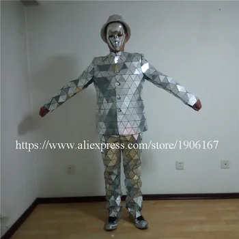 Uusim Catwalk Näitab Peegel Mees Robot Sobiks Hõbedane Värv Etapp Ballrooom Kostüüm Peegel Mees Pool Jõulud Tulemuslikkuse Riided