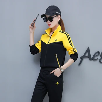 Vabaaja ülikond naiste 2020 new korea versioon krae spordirõivad Kevadel õhuke Kollane ja punane Jakk, püksid komplekt pluss suurus M-4XL bs5792